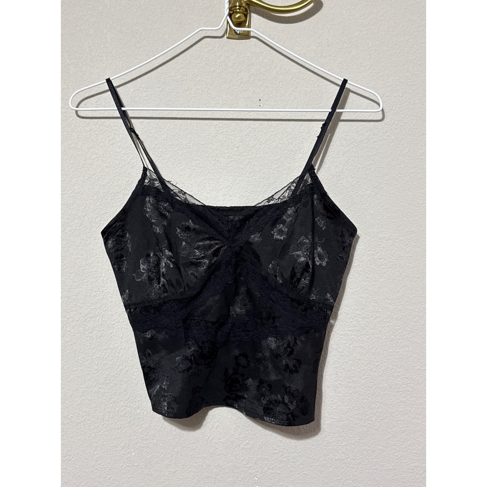 Black Lace/Satin Print Camisole Women‎ S Floral Jacquard Trim Cropped Tank READ